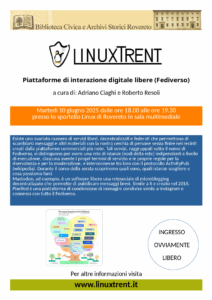 Locandina incontro Fediverso del 10 giugno 2025 presso lo sportello di Rovereto